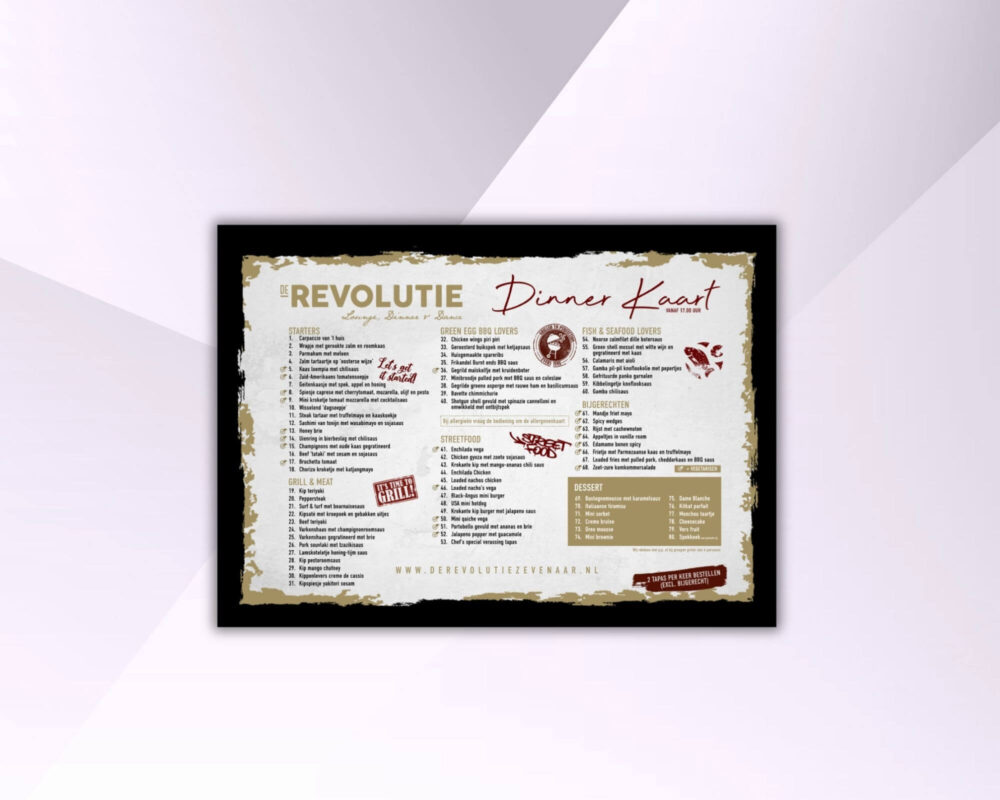 Papieren menukaart met stijlvolle opmaak voor horeca.