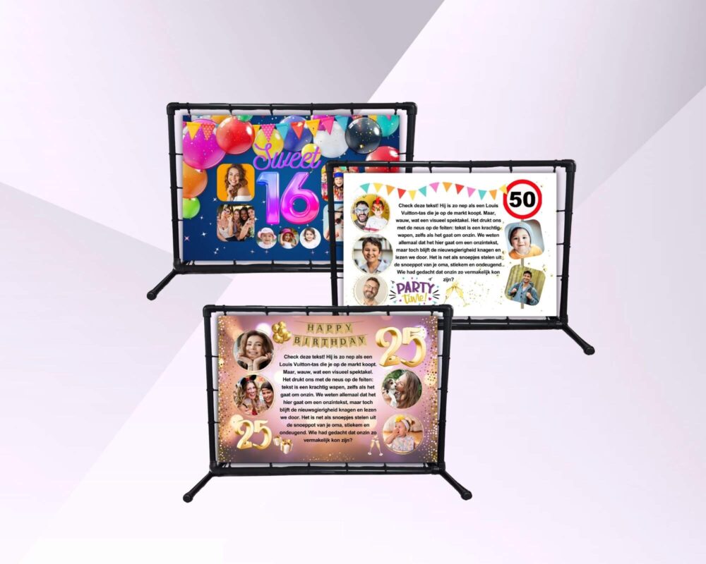 Drie zwarte frames met spandoeken voor 16-, 25- en 50-jarig jubileum of verjaardag.