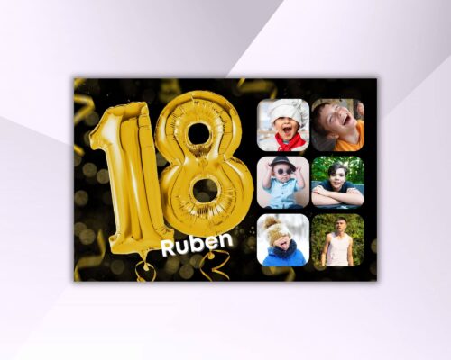 Spandoek met grote gouden opblaas 18 jaar, naam van de jarige, zes foto’s en donkere achtergrond.