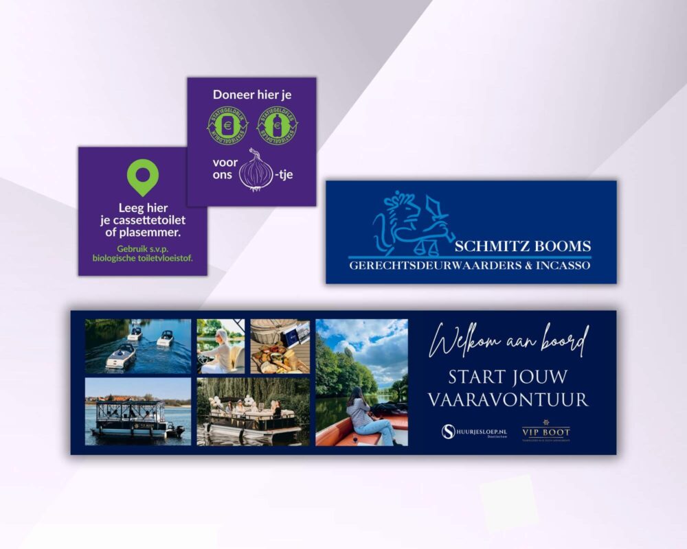 Verschillende HPL borden van bedrijven als een camping, deurwaarderskantoor en een vaarbedrijf.