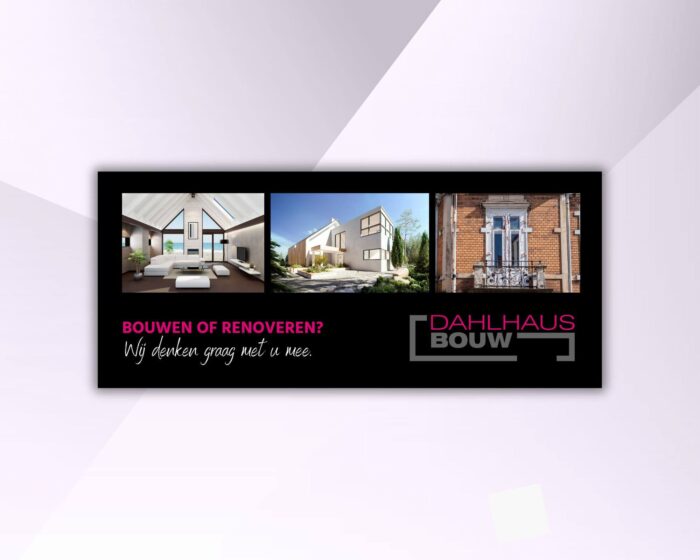Reclamebanner van Frontlit PVC 510, enkelzijdig full colour bedrukt met metalen ringen om de 50 cm.