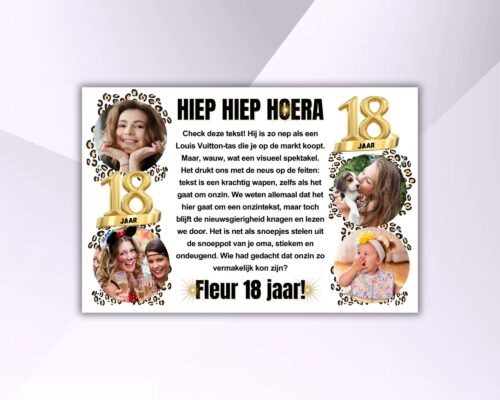 Stoer 18e verjaardags­spandoek met panterprint, persoonlijke foto’s van de jarige, zwarte tekst “HIEP HIEP HOERA” en een grote gouden “18 jaar”, ideaal voor een stijlvolle en speelse viering.