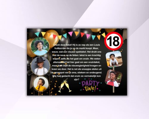 Feestelijk spandoek voor een 18 jarige verjaardag met foto’s, zwarte en gouden ballonnen, vlaggetjes, en vrolijke fake tekst.