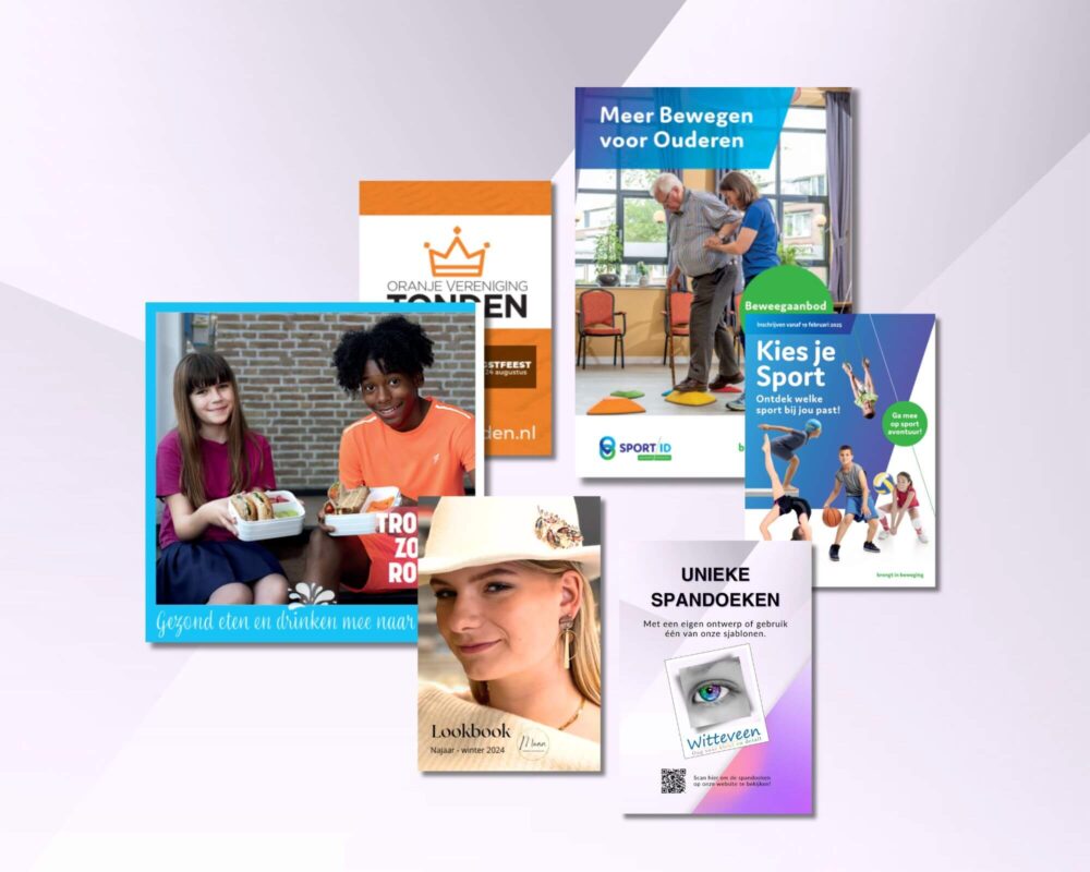 Diverse brochures in verschillende maten en formaten, overzichtelijk gepresenteerd.