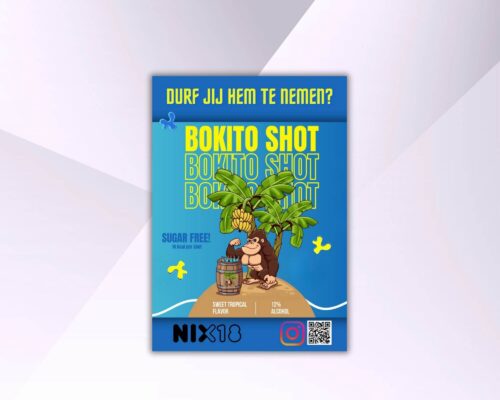 Budgetposter met een kleurrijke afbeelding van een shotdrankje en de uitdagende tekst: ‘Durf jij hem te nemen?