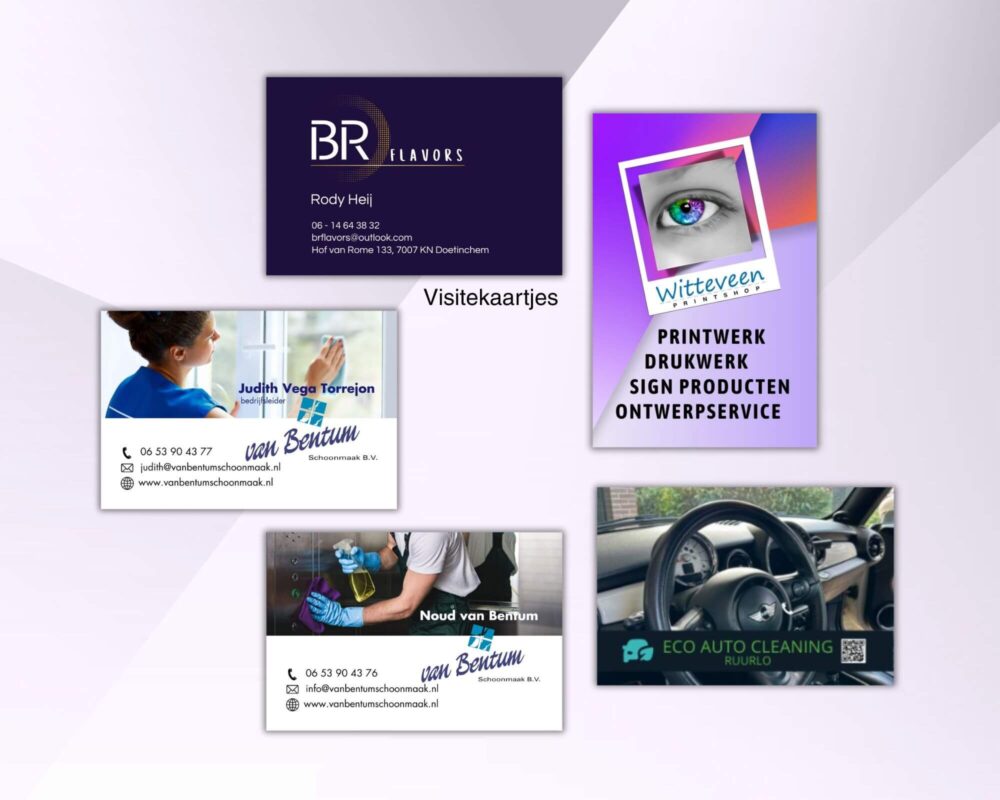Overzicht van diverse visitekaartjes, ontworpen en verzorgd door Witteveen Printshop Doetinchem.